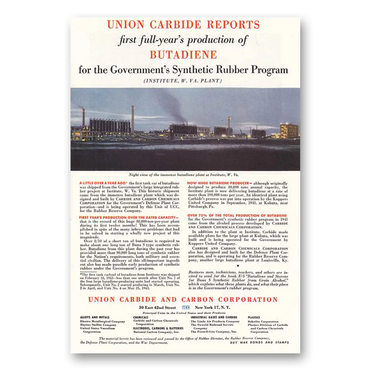 1944 Union Carbide Butadiene Gov Synthetic Rubber Program Vintage Magazine Print Ad