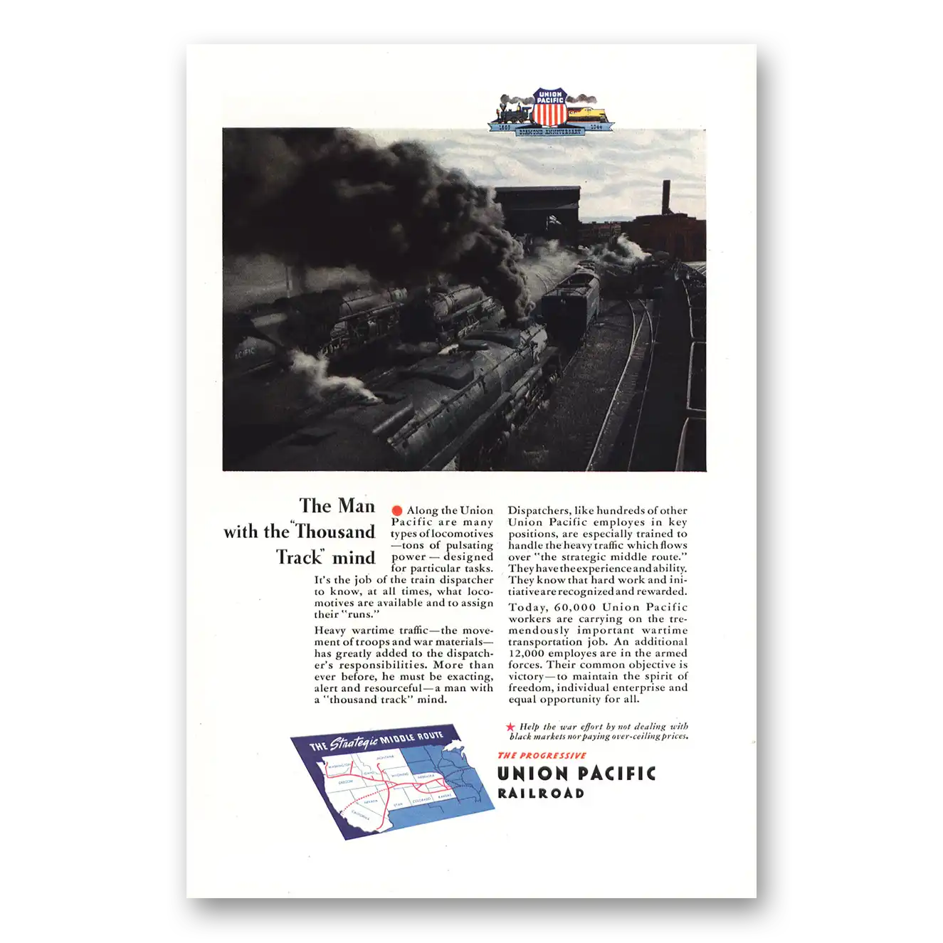 1944 Union Pacific Railroad Thousand Track Mind Vintage Magazine Print Ad