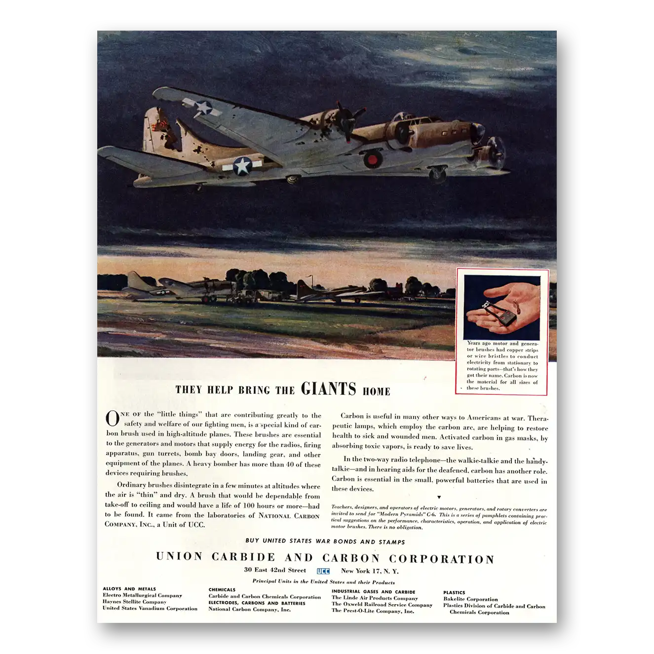 1944 Union Carbide They Help Bring the Giants Home Vintage Magazine Print Ad