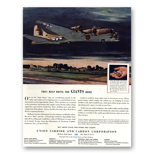 1944 Union Carbide They Help Bring the Giants Home Vintage Magazine Print Ad