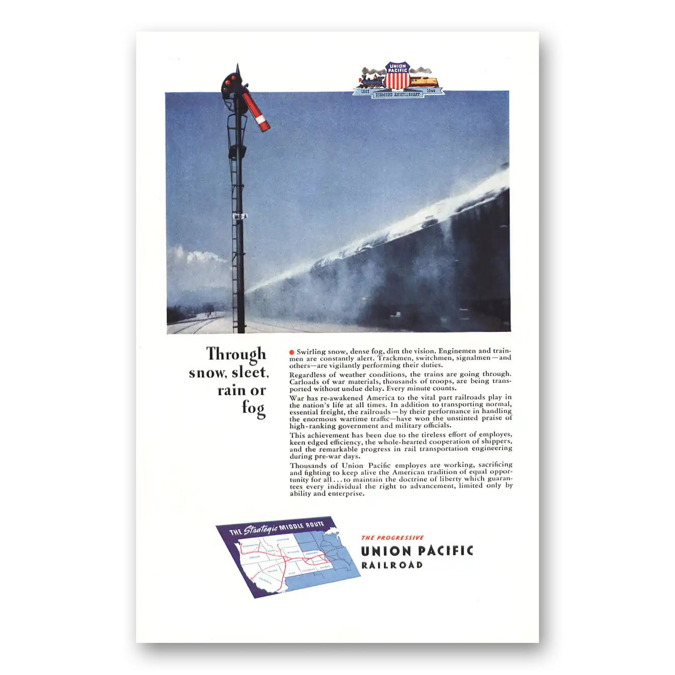 1944 Union Pacific Railroad Snow Sleet Rain or Fog Vintage Magazine Print Ad