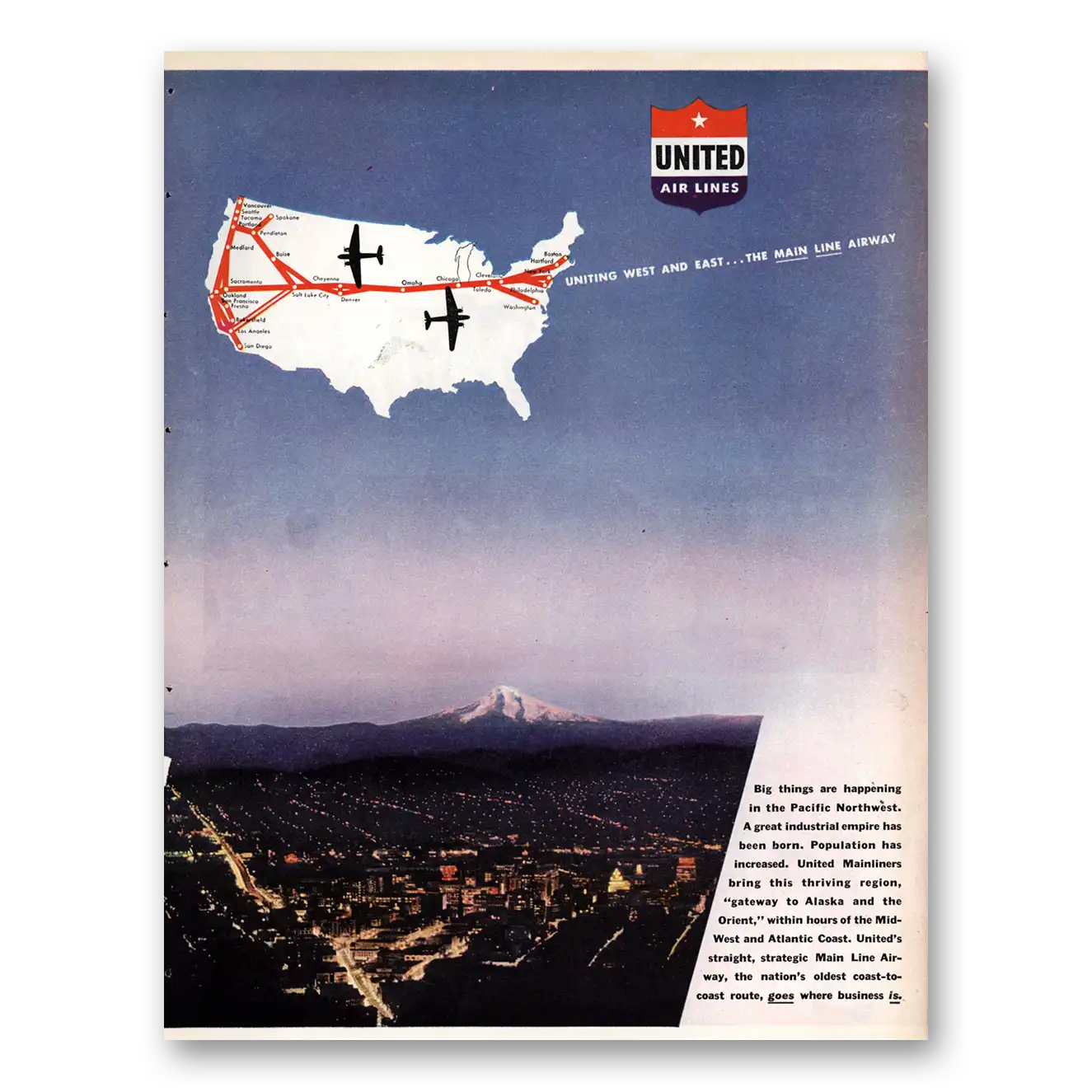 1944 United Airlines Uniting West and East Vintage Magazine Print Ad