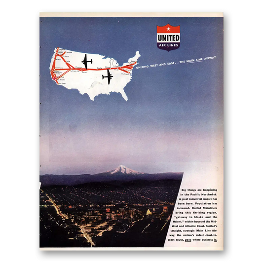 1944 United Airlines Uniting West and East Vintage Magazine Print Ad