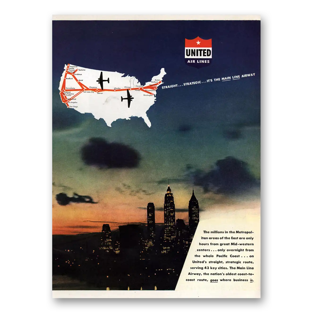 1944 United Airlines Straight Strategic Main Line Airway Vintage Magazine Print Ad