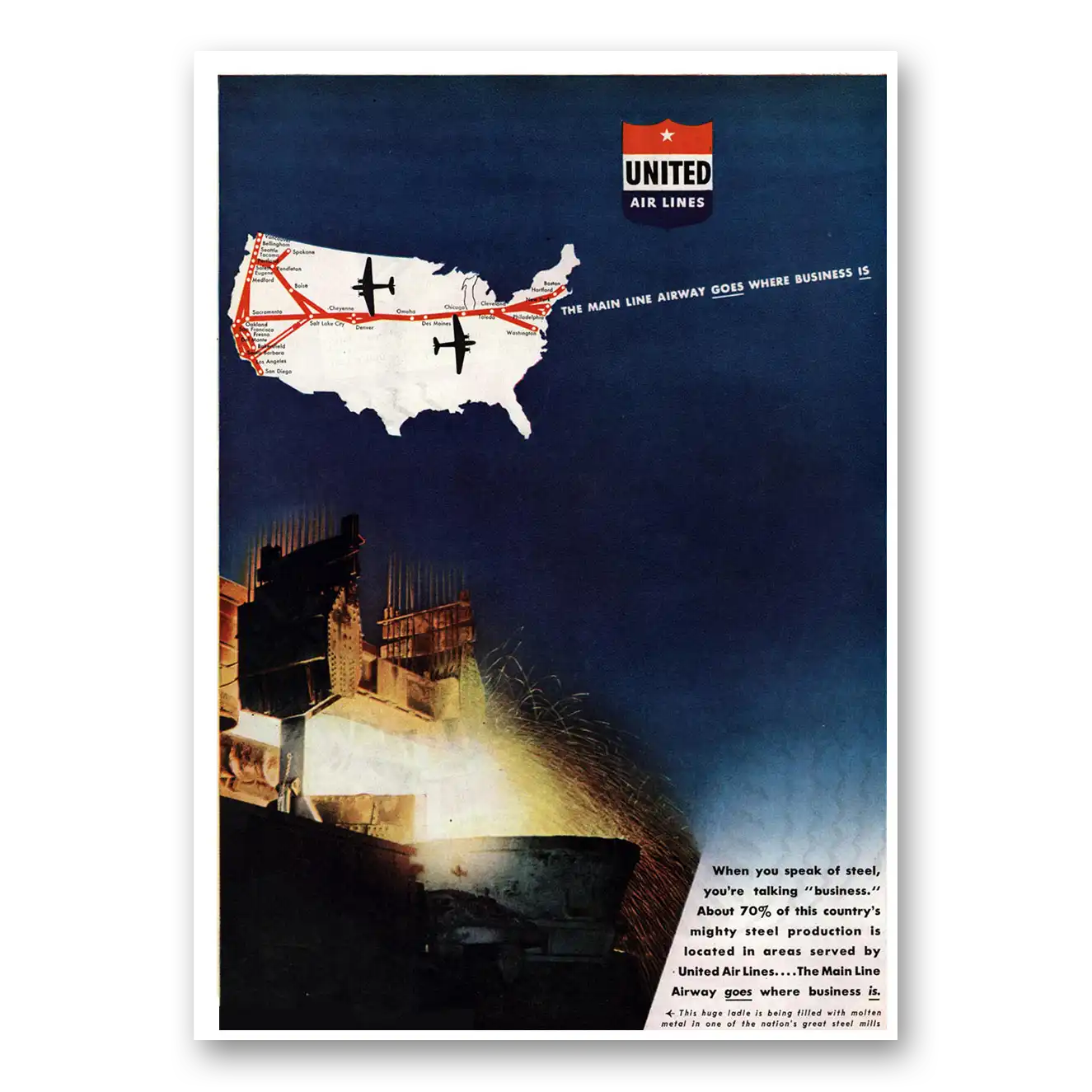 1944 United Airlines Main Line Airway Goes Where Business Is Vintage Magazine Print Ad