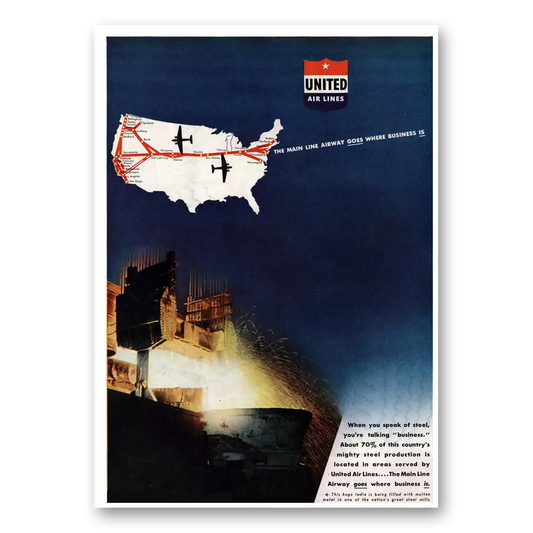 1944 United Airlines Main Line Airway Goes Where Business Is Vintage Magazine Print Ad