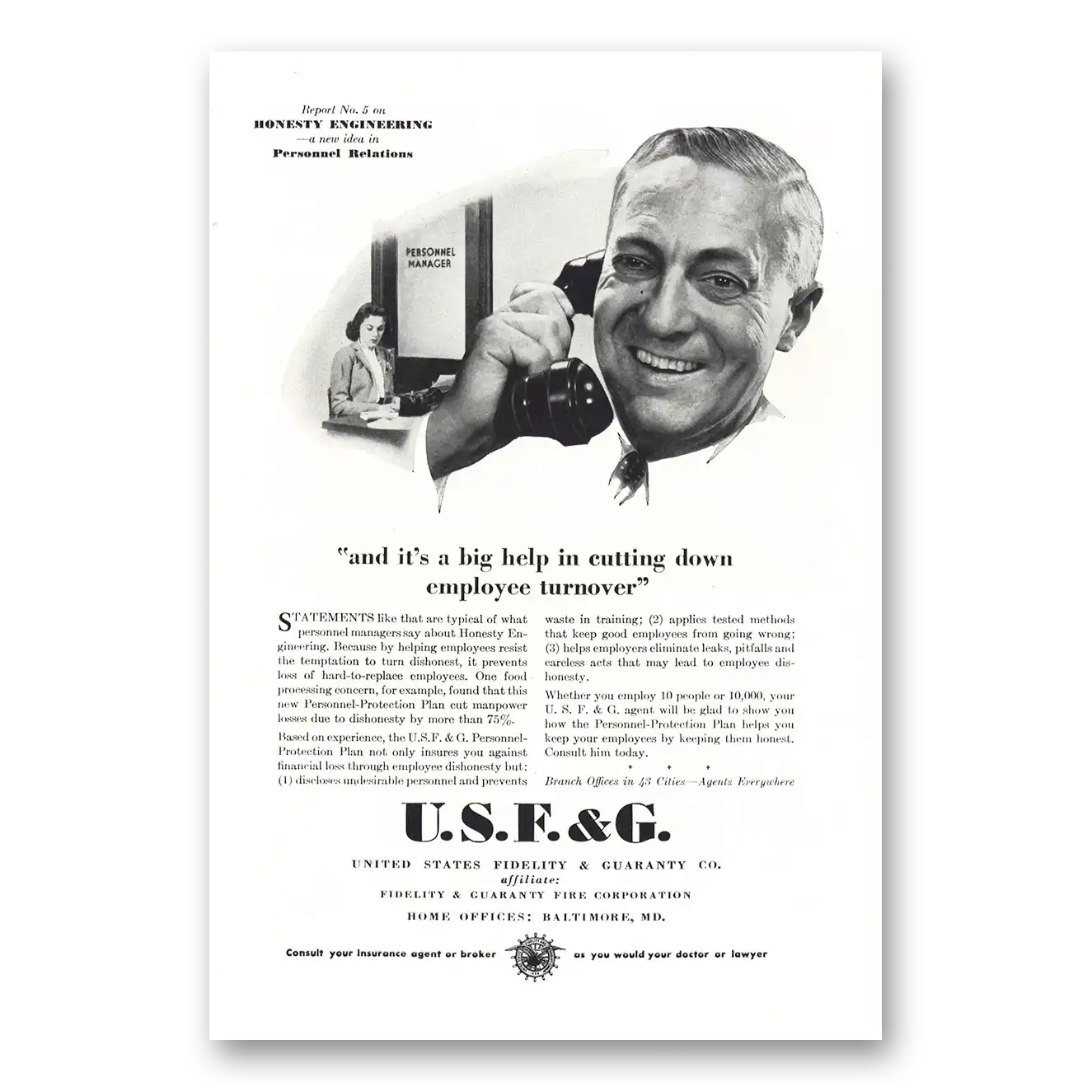 1944 USF&G Big Help in Cutting Down Employee Turnover Vintage Magazine Print Ad