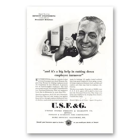 1944 USF&G Big Help in Cutting Down Employee Turnover Vintage Magazine Print Ad