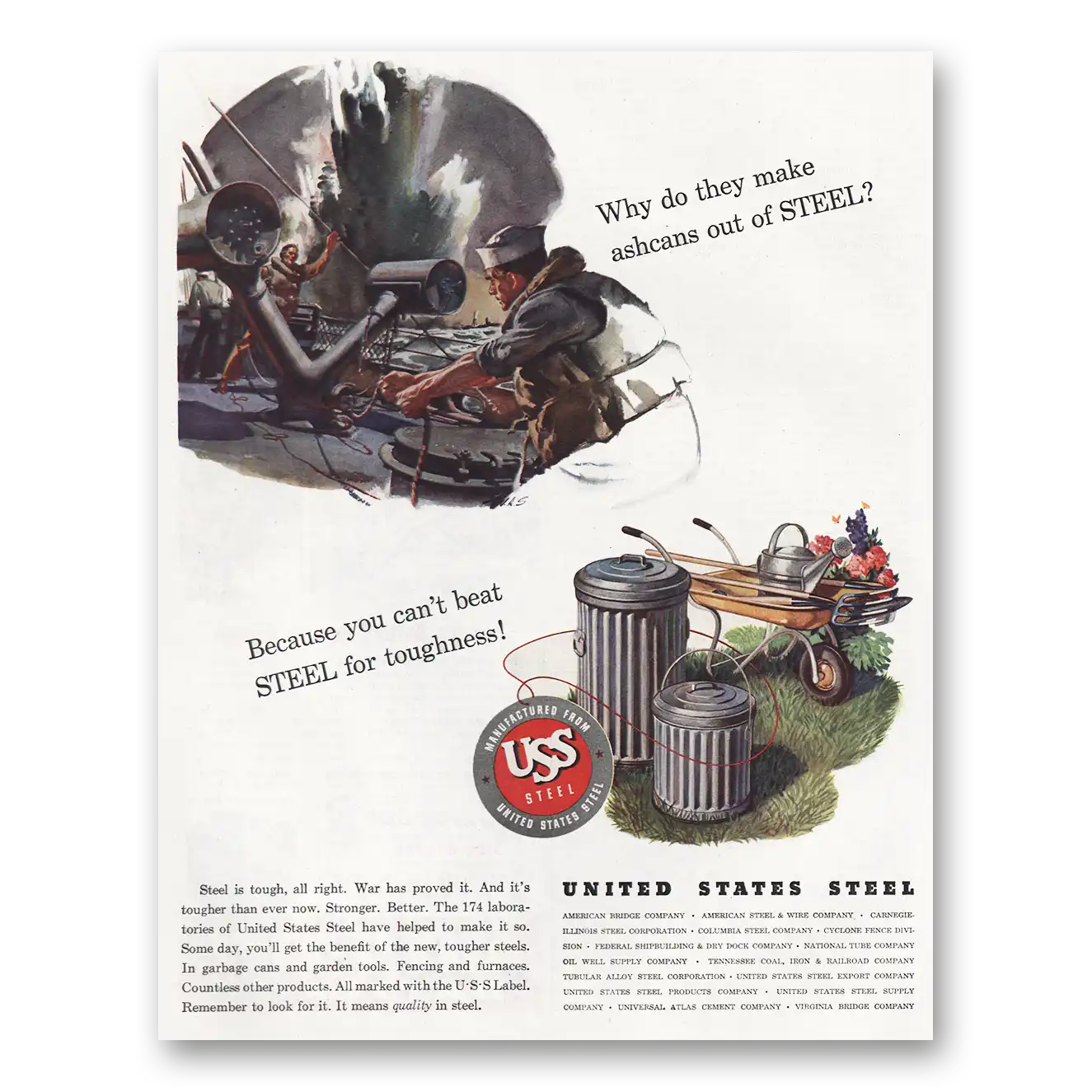 1944 United States Steel Ashcans Vintage Magazine Print Ad