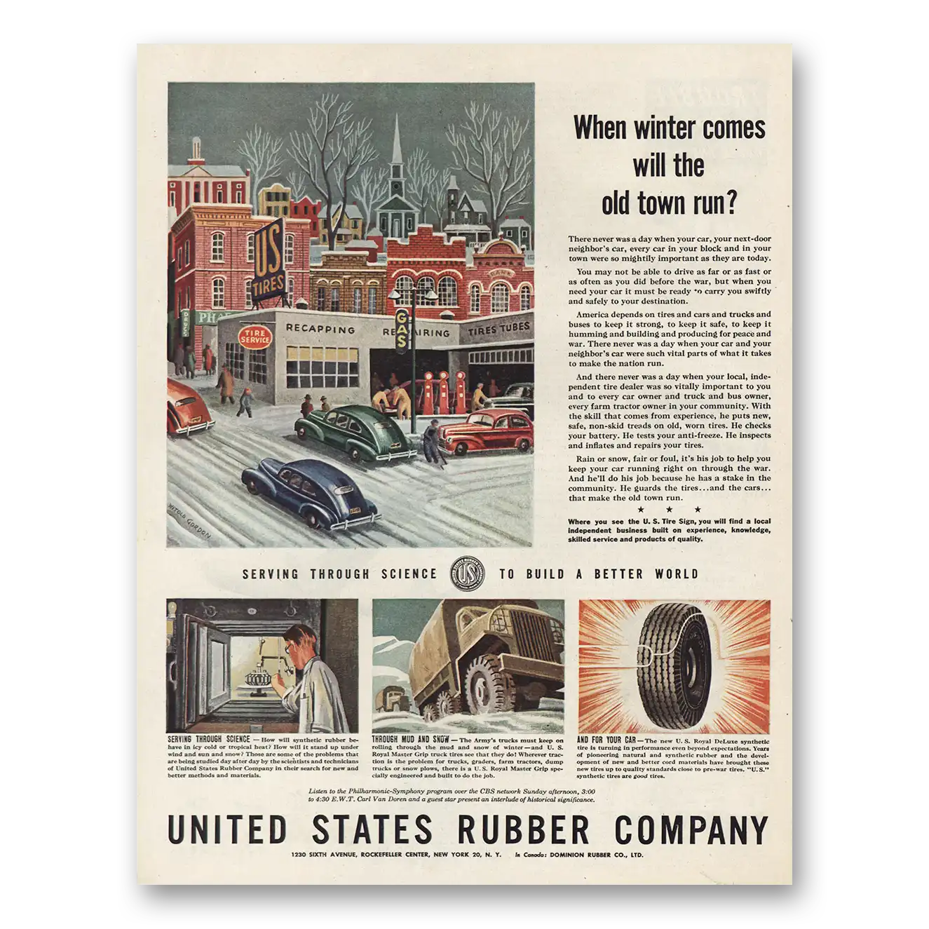 1944 US Tires When Winter Comes Will the Old Town Run Vintage Magazine Print Ad