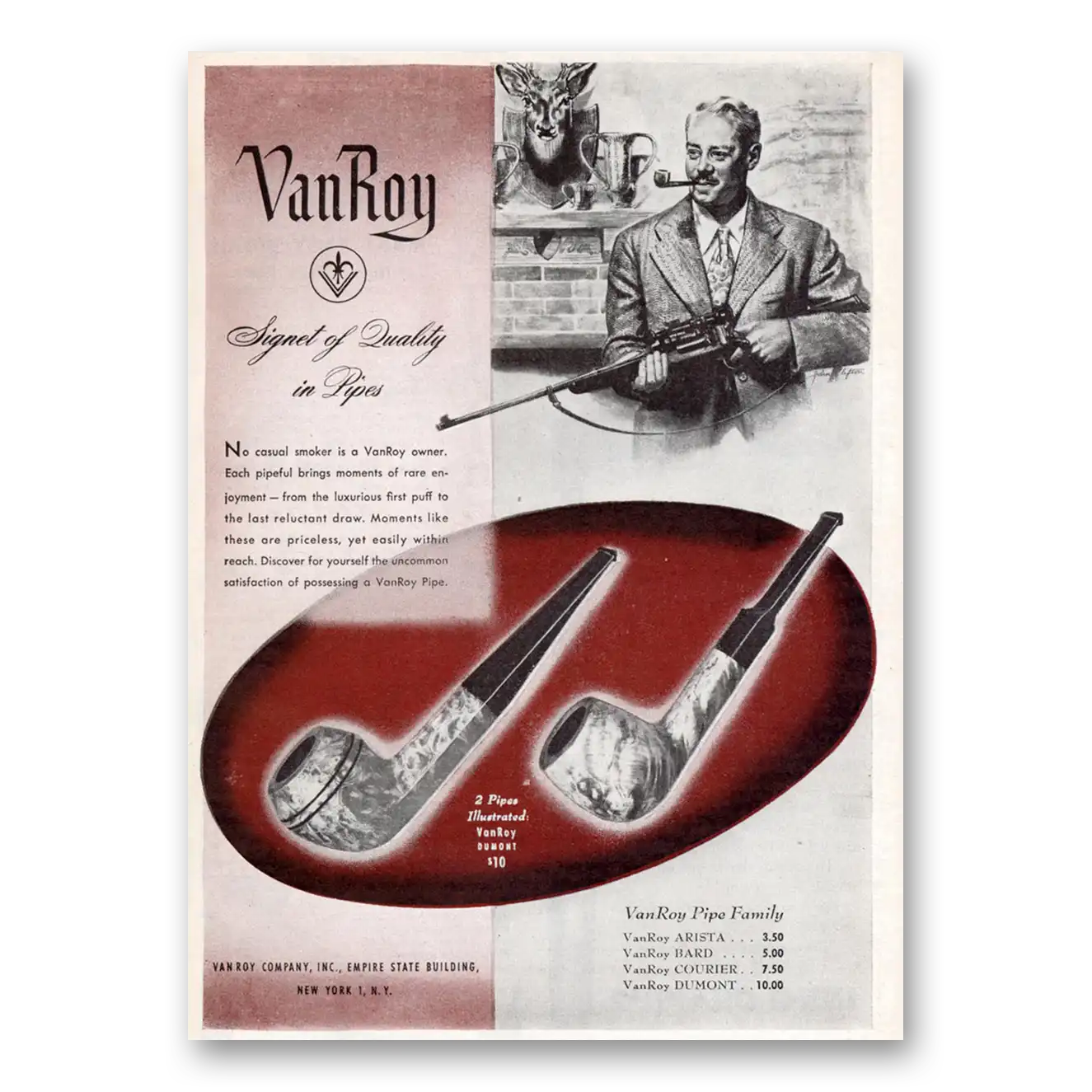 1944 VanRoy Pipes No Casual Smoker Vintage Magazine Print Ad