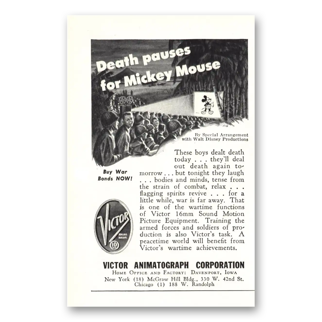 1944 Victor Animatograph Death Pauses for Mickey Mouse Vintage Magazine Print Ad