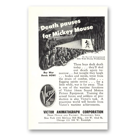 1944 Victor Animatograph Death Pauses for Mickey Mouse Vintage Magazine Print Ad