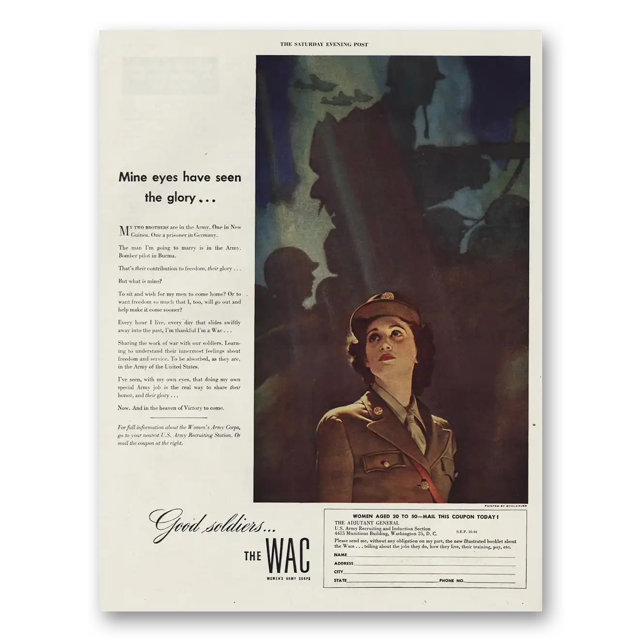 1944 WAC Womens Army Corps Mine Eyes Have Seen the Glory Vintage Magazine Print Ad