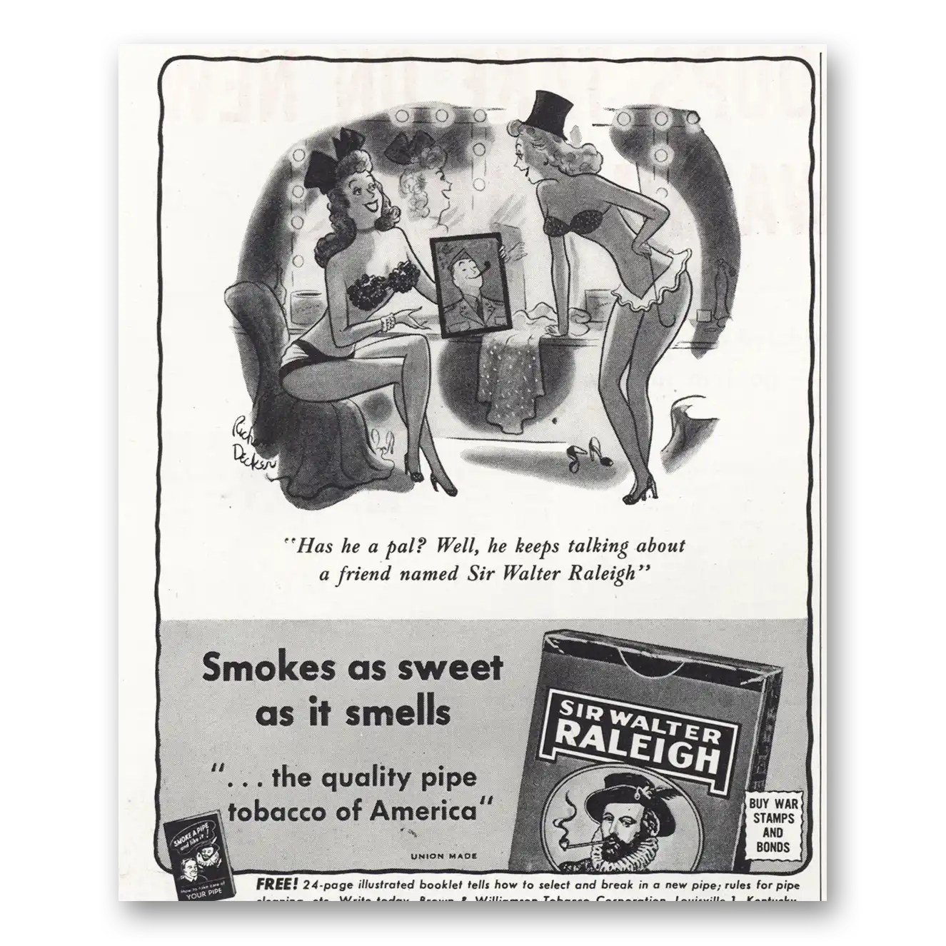 1944 Sir Walter Raleigh Smokes Sweet as Smells Vintage Magazine Print Ad