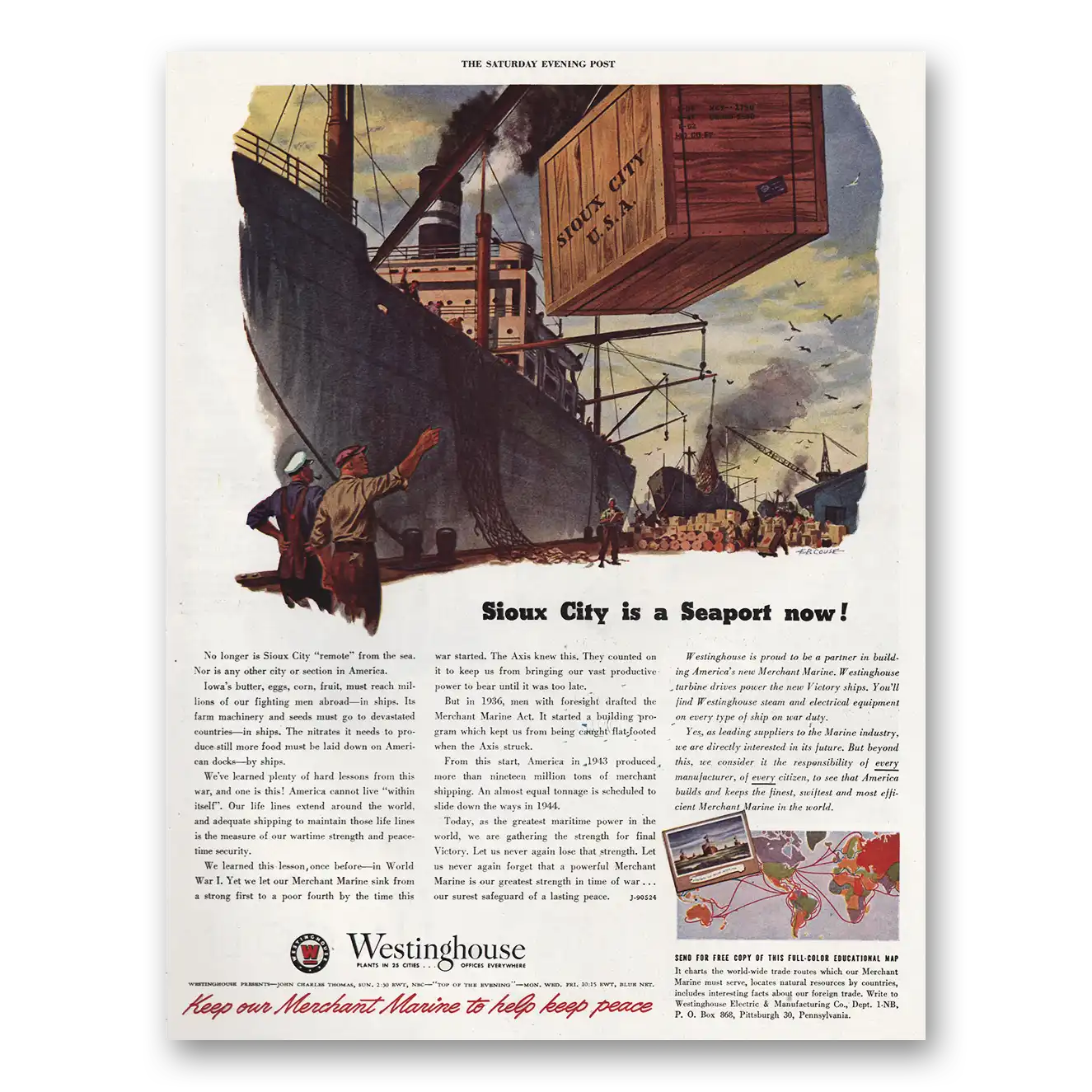 1944 Westinghouse Sioux City Seaport Vintage Magazine Print Ad