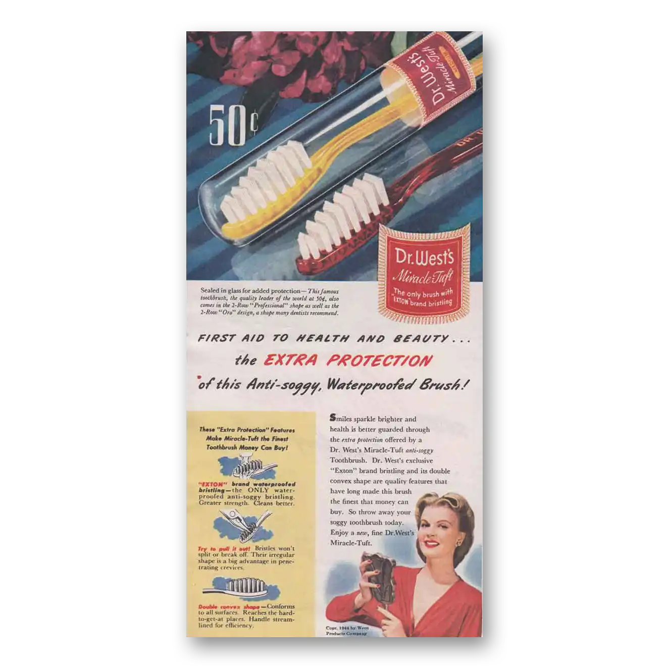 1944 Dr Wests Toothbrush Miracle Tuft Anti Soggy Waterproofed Brush Vintage Magazine Print Ad