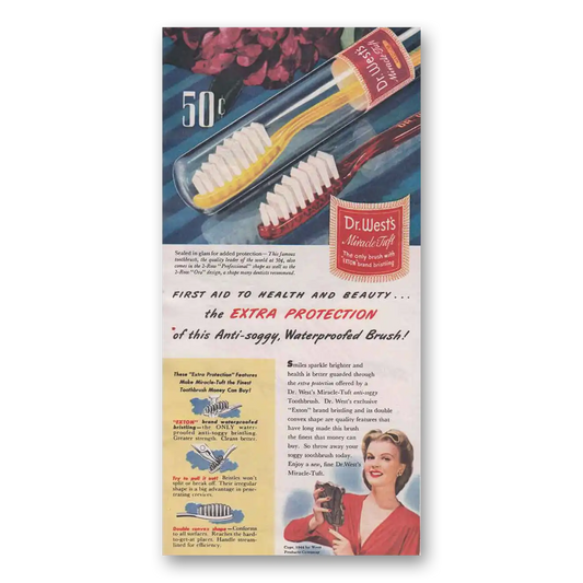 1944 Dr Wests Toothbrush Miracle Tuft Anti Soggy Waterproofed Brush Vintage Magazine Print Ad