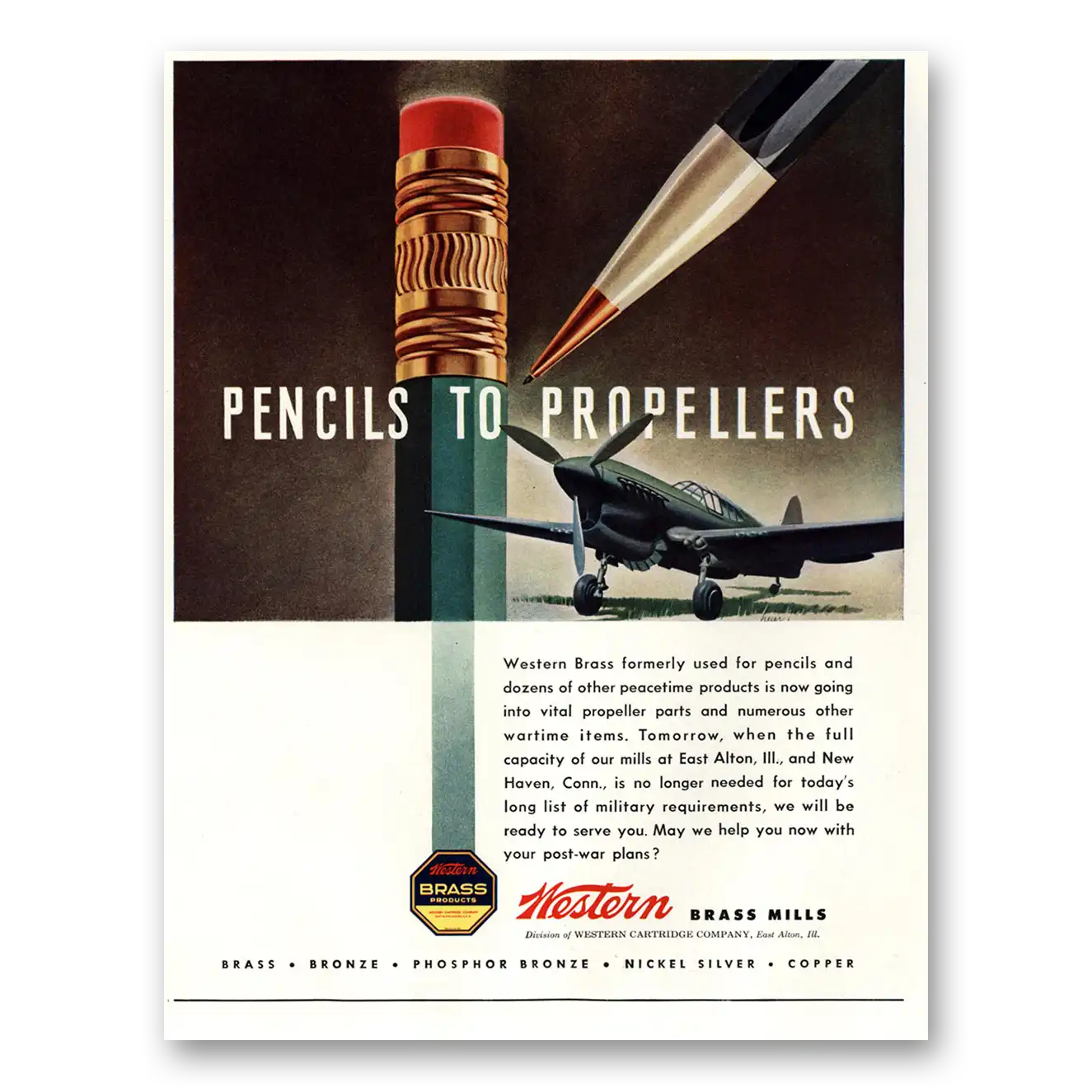 1944 Western Brass Mills Pencils to Propellers Vintage Magazine Print Ad