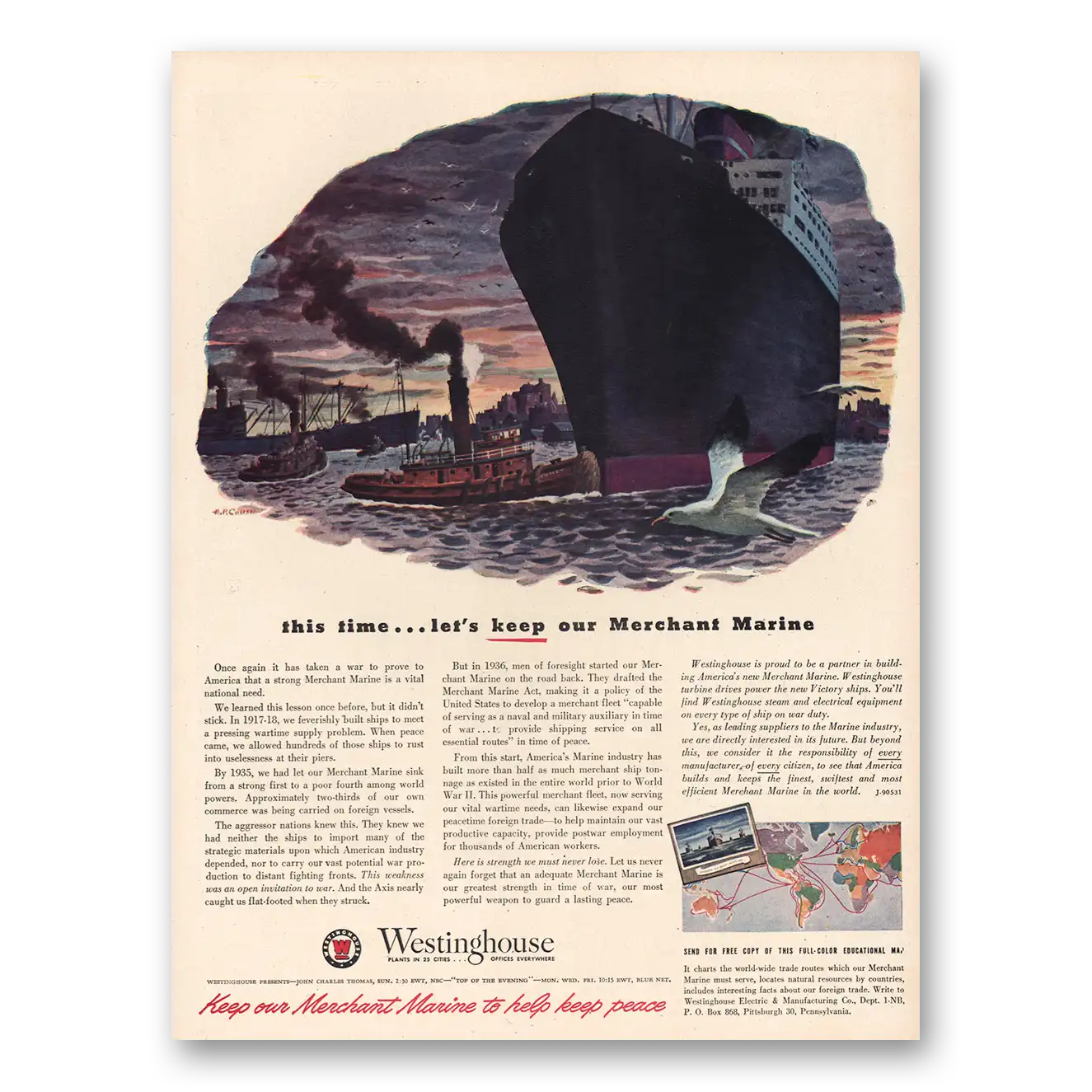 1944 Westinghouse Merchant Marine Vintage Magazine Print Ad