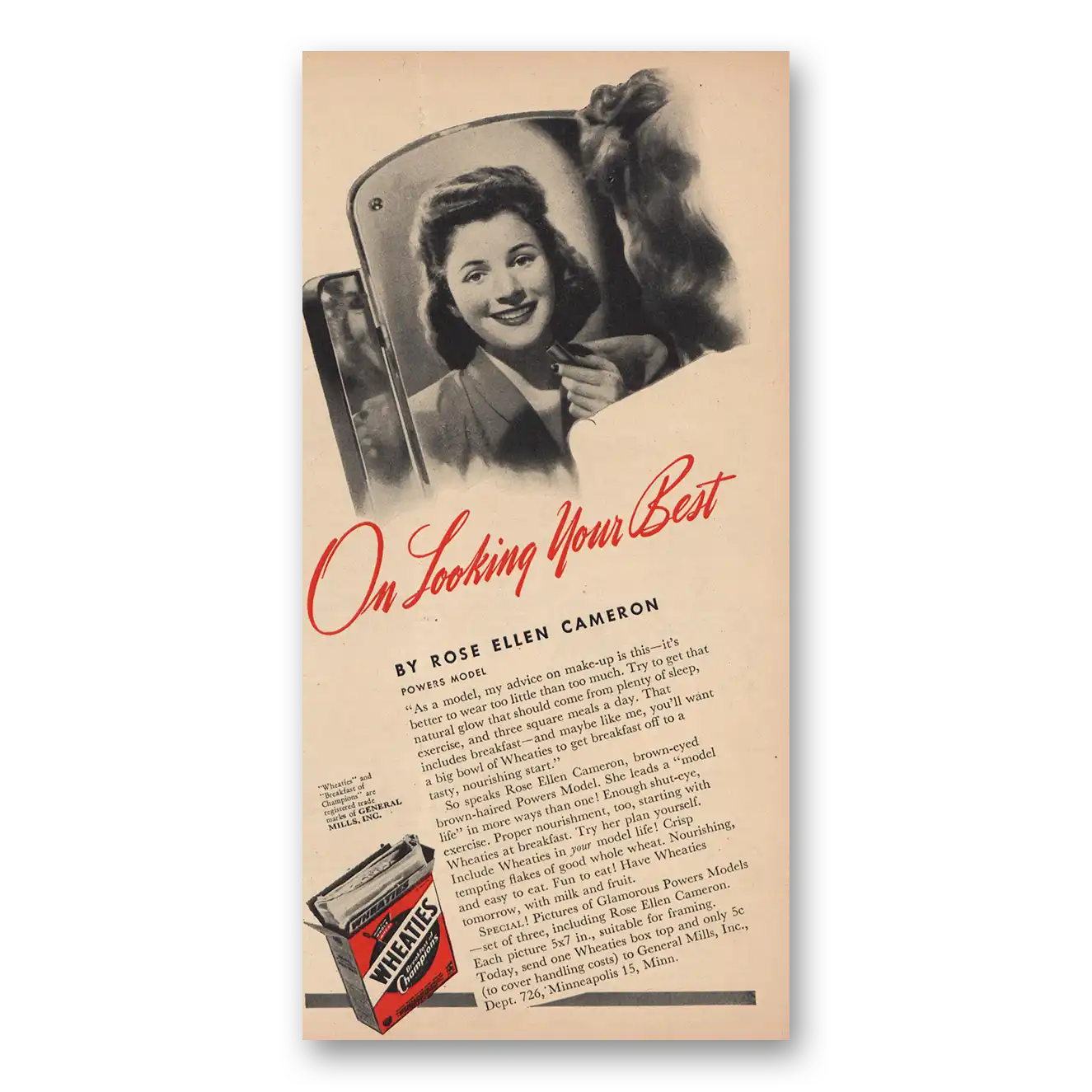 1944 Wheaties Cereal Rose Ellen Cameron Vintage Magazine Print Ad