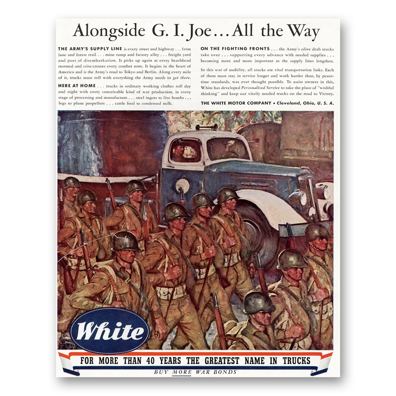 1944 White Trucks Alongside G I Joe All the Way Vintage Magazine Print Ad