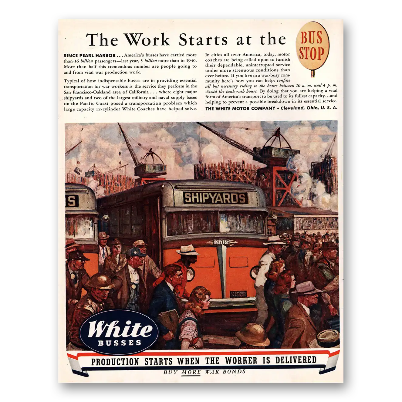 1944 White Trucks White Busses Bus Stop Since Pearl Harbor Vintage Magazine Print Ad