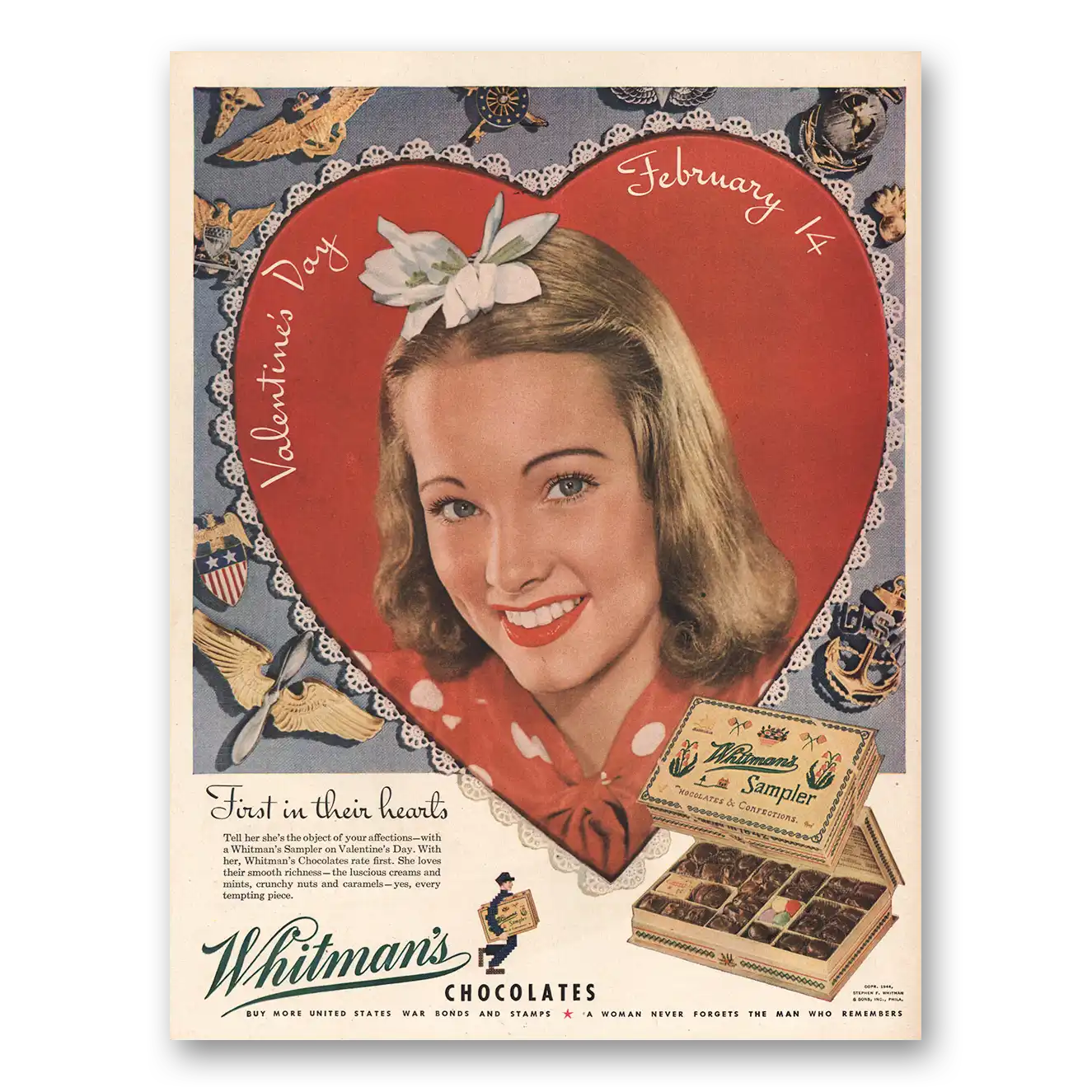 1944 Whitmans Chocolates Valentines Day Vintage Magazine Print Ad