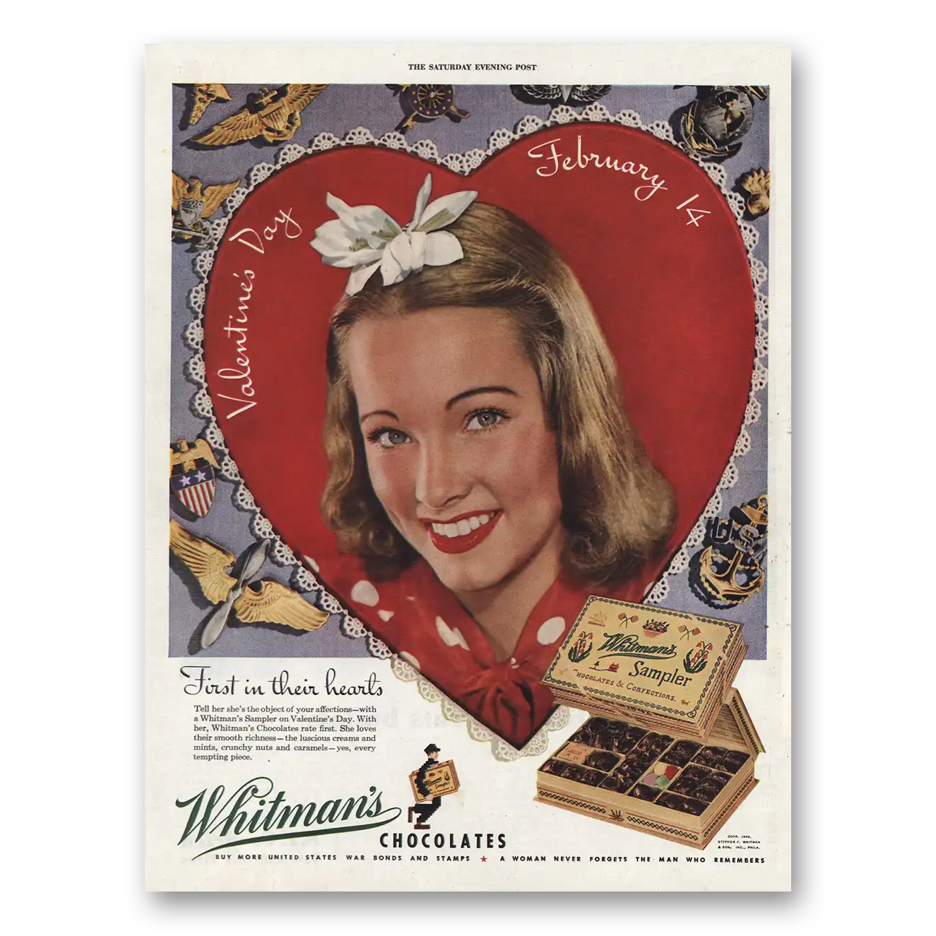 1944 Whitmans Chocolates First In Their Hearts Vintage Magazine Print Ad