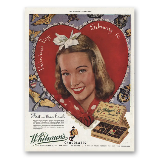 1944 Whitmans Chocolates First In Their Hearts Vintage Magazine Print Ad