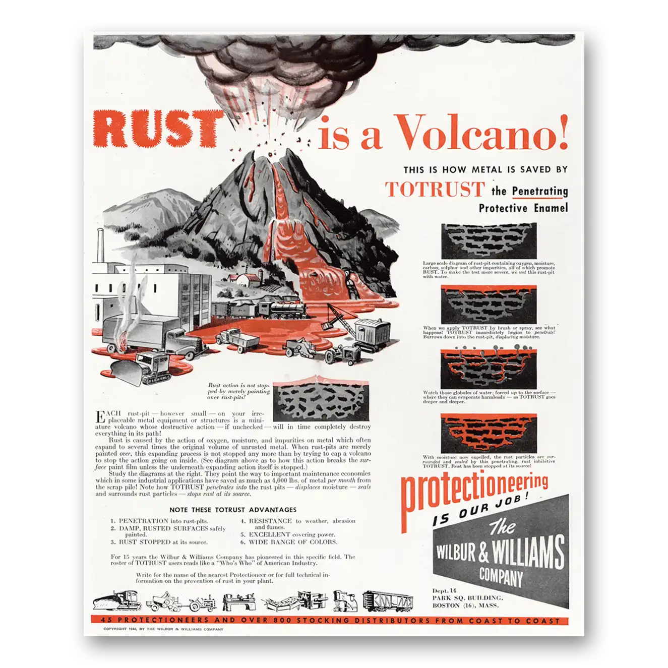 1944 Wilbury & Williams Rust Is a Volcano Vintage Magazine Print Ad