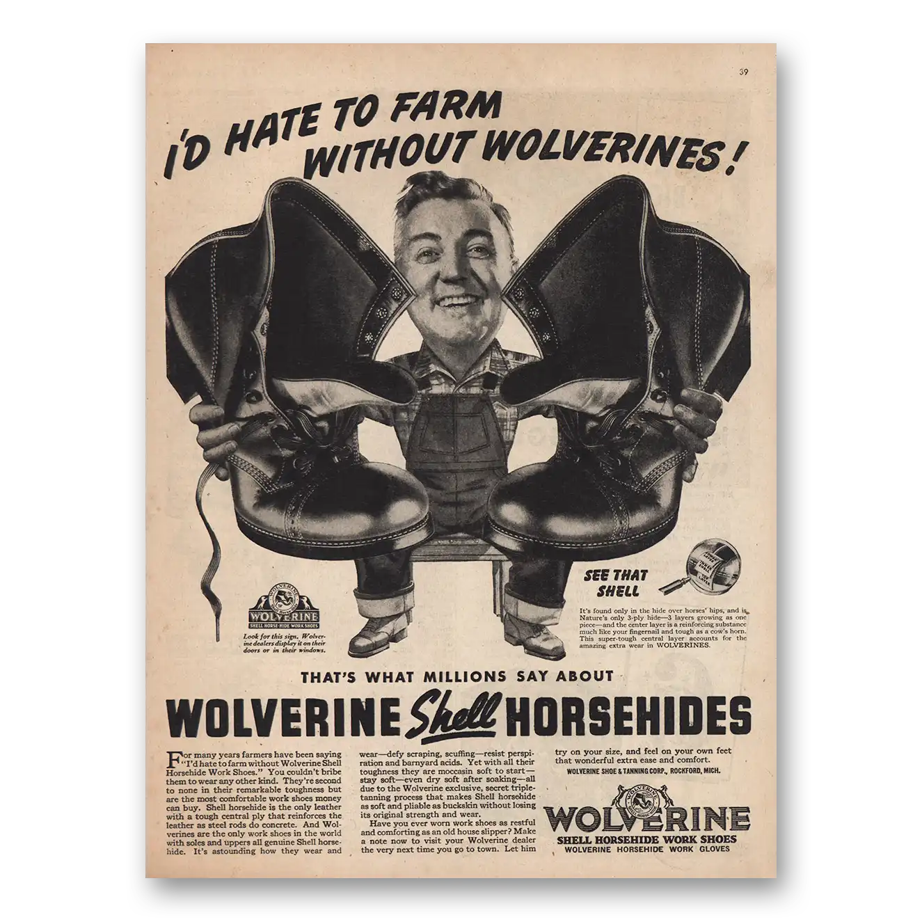 1944 Wolverine Work Shoes Hate to Farm Without Vintage Magazine Print Ad