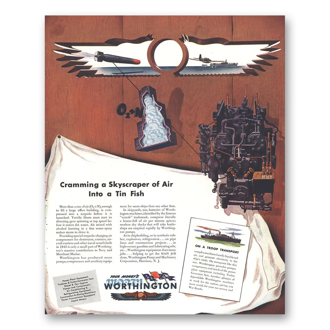 1944 Worthington Pump and  Machinery Cramming a Skyscraper of Air Vintage Magazine Print Ad