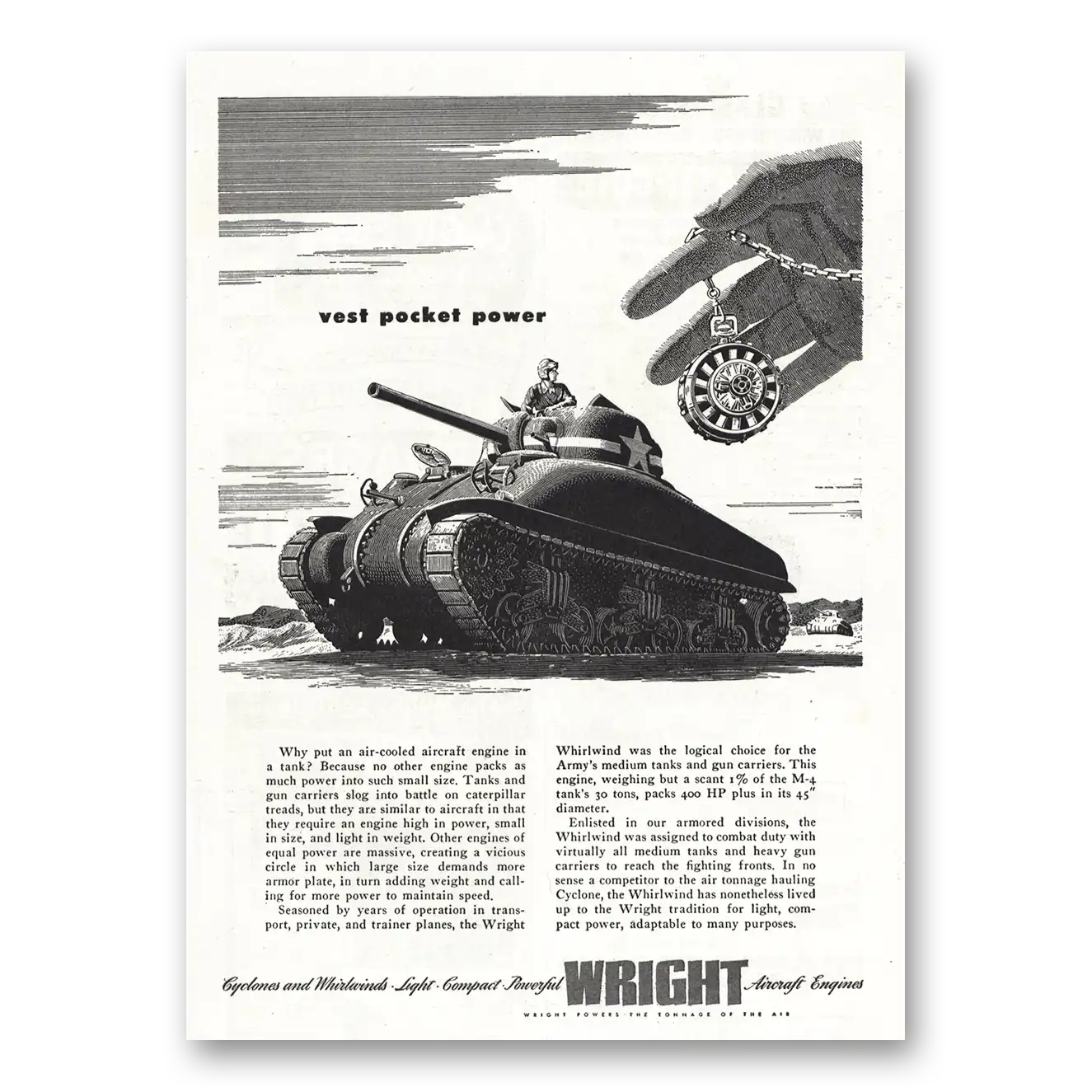 1944 Wright Aircraft Engines Vest Pocket Power Vintage Magazine Print Ad