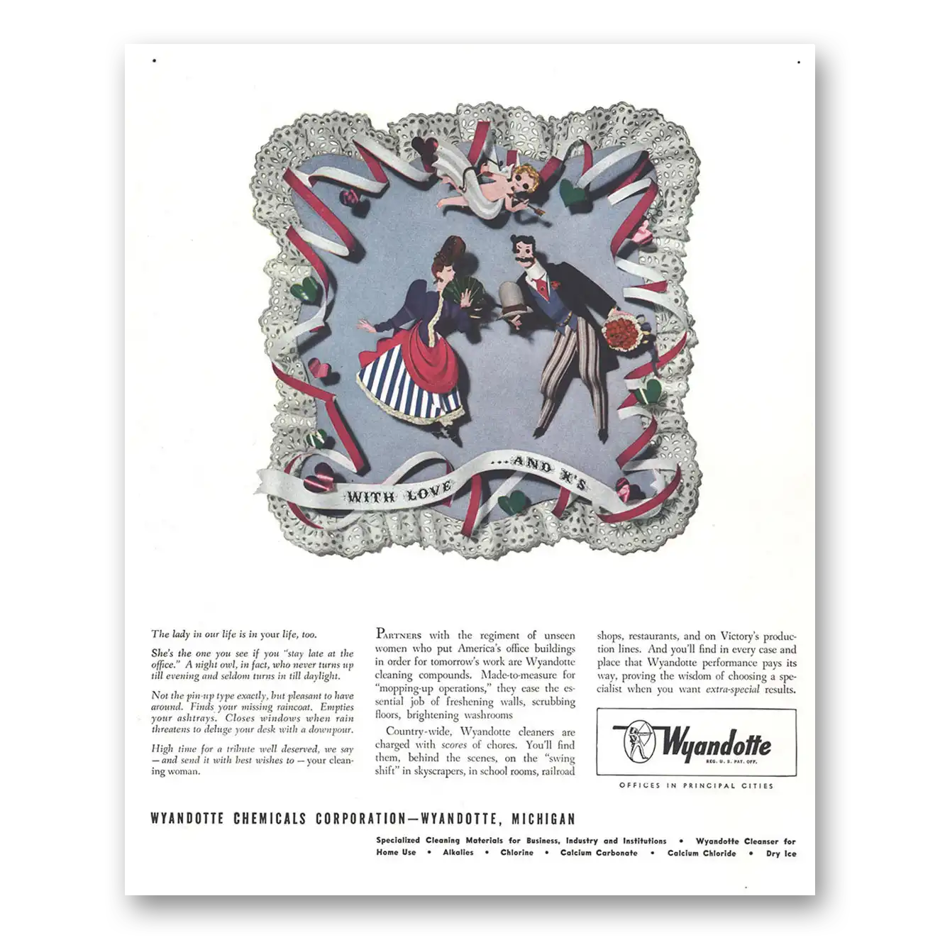 1944 Wyandotte Chemicals With Love and Ws Vintage Magazine Print Ad