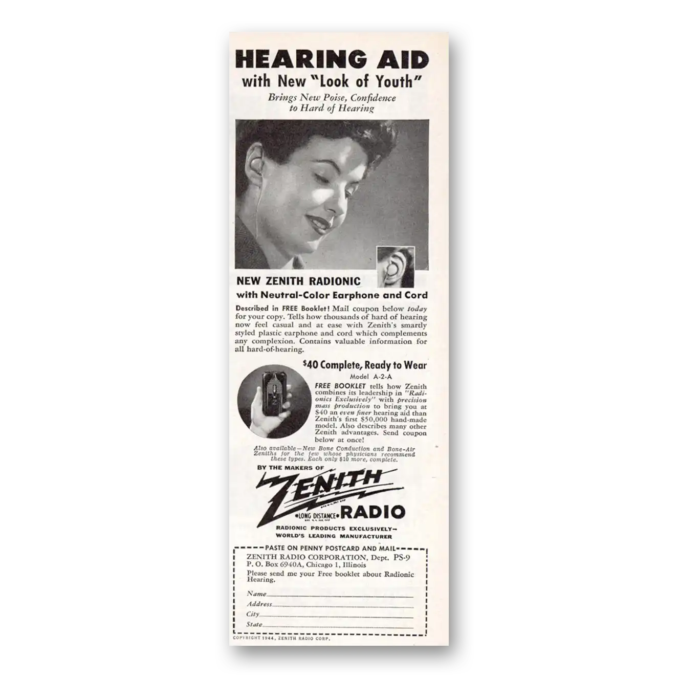 1944 Zenith Hearing Aid New Look of Youth Vintage Magazine Print Ad