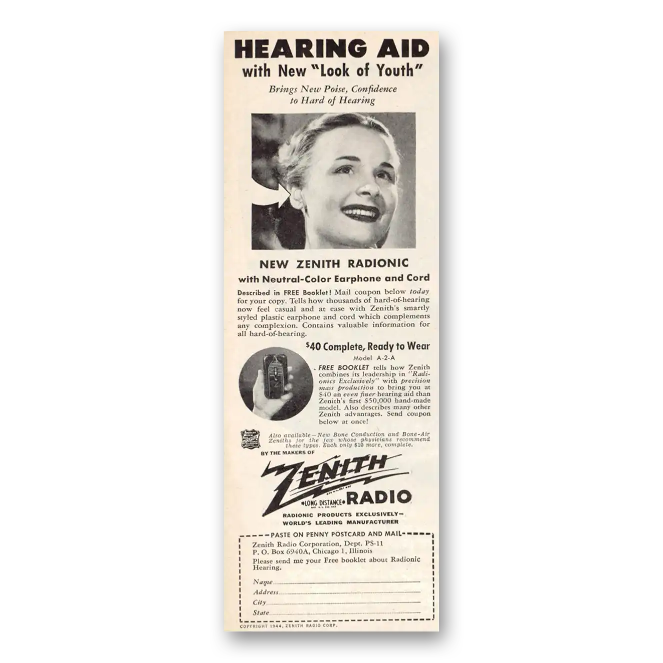 1944 Zenith Hearing Aid New Look of Youth Vintage Magazine Print Ad