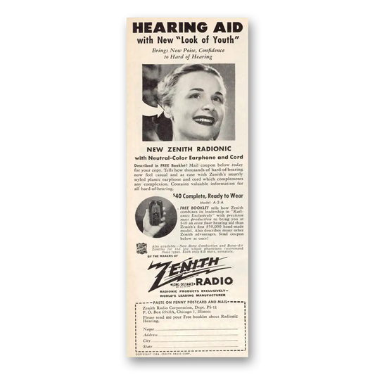 1944 Zenith Hearing Aid New Look of Youth Vintage Magazine Print Ad