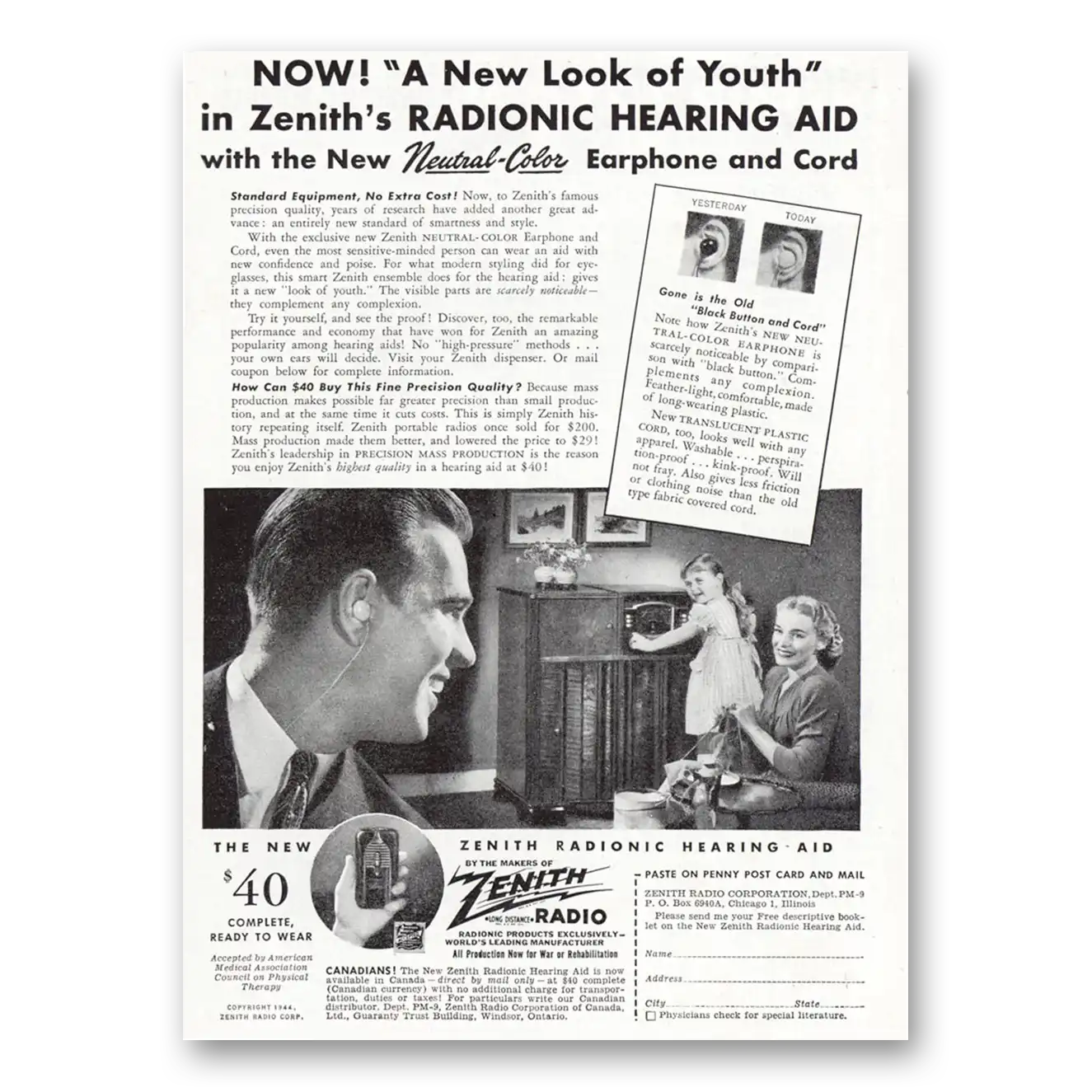 1944 Zenith Hearing Aid Look of Youth Vintage Magazine Print Ad