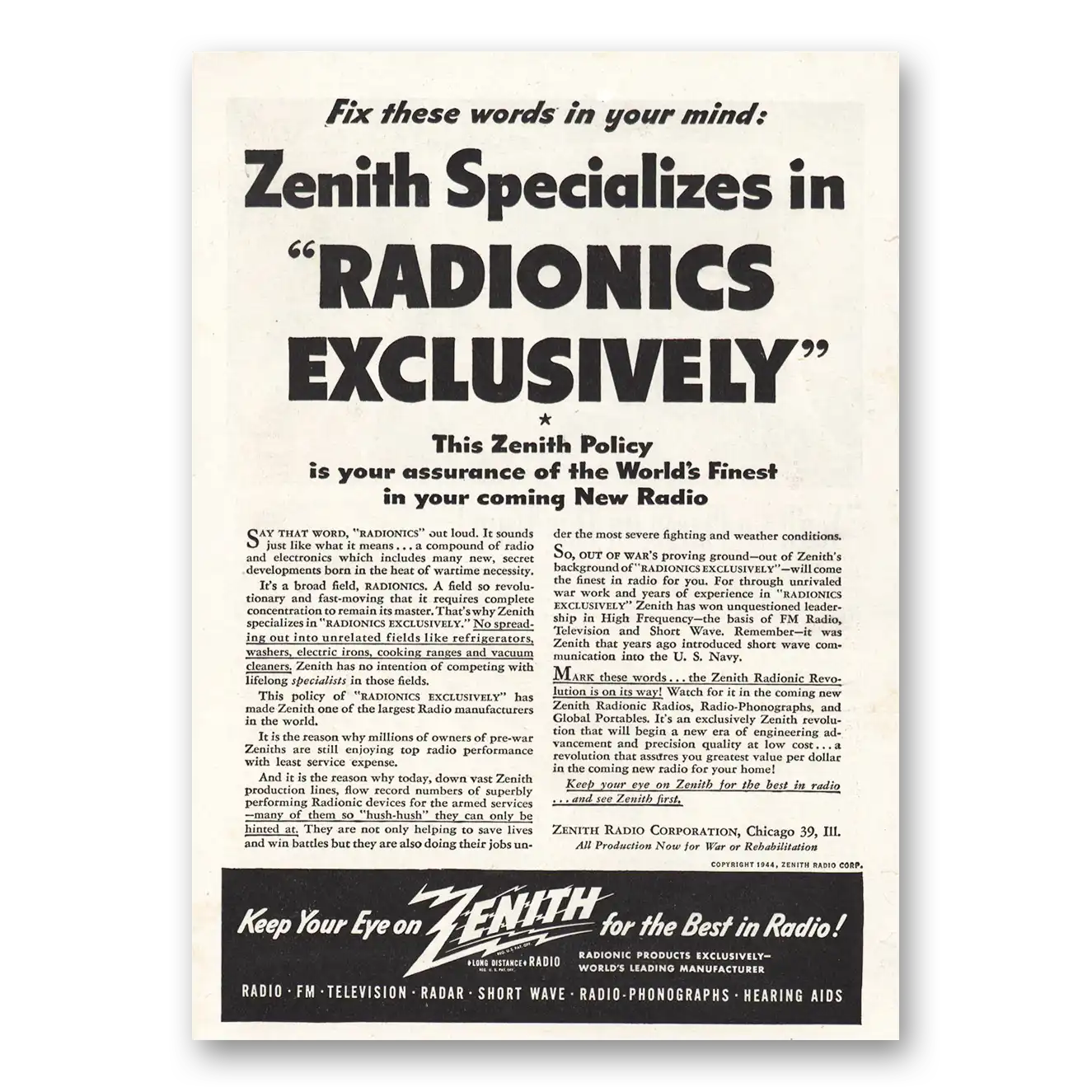 1944 Zenith Radio Radionics Exclusively Vintage Magazine Print Ad