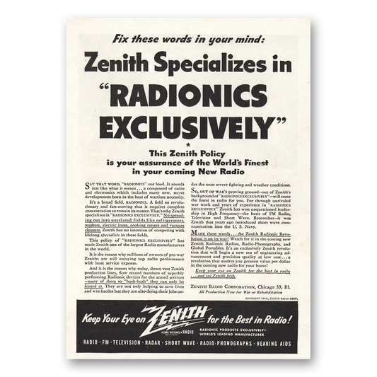 1944 Zenith Radio Radionics Exclusively Vintage Magazine Print Ad