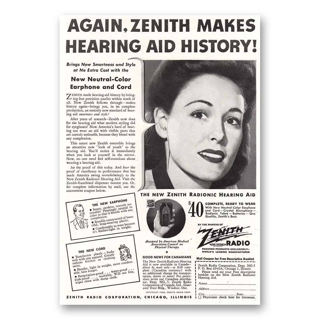 1944 Zenith Hearing Aid Hearing and History Vintage Magazine Print Ad