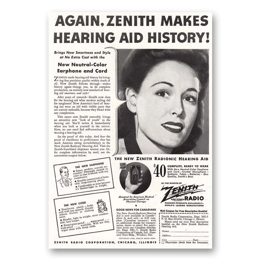 1944 Zenith Hearing Aid Hearing and History Vintage Magazine Print Ad