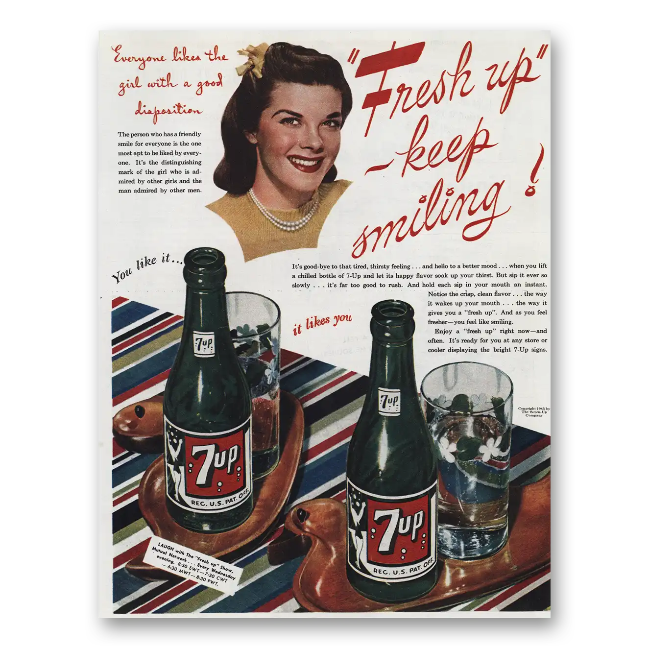 1945 7Up Girl With Good Disposition Vintage Magazine Print Ad