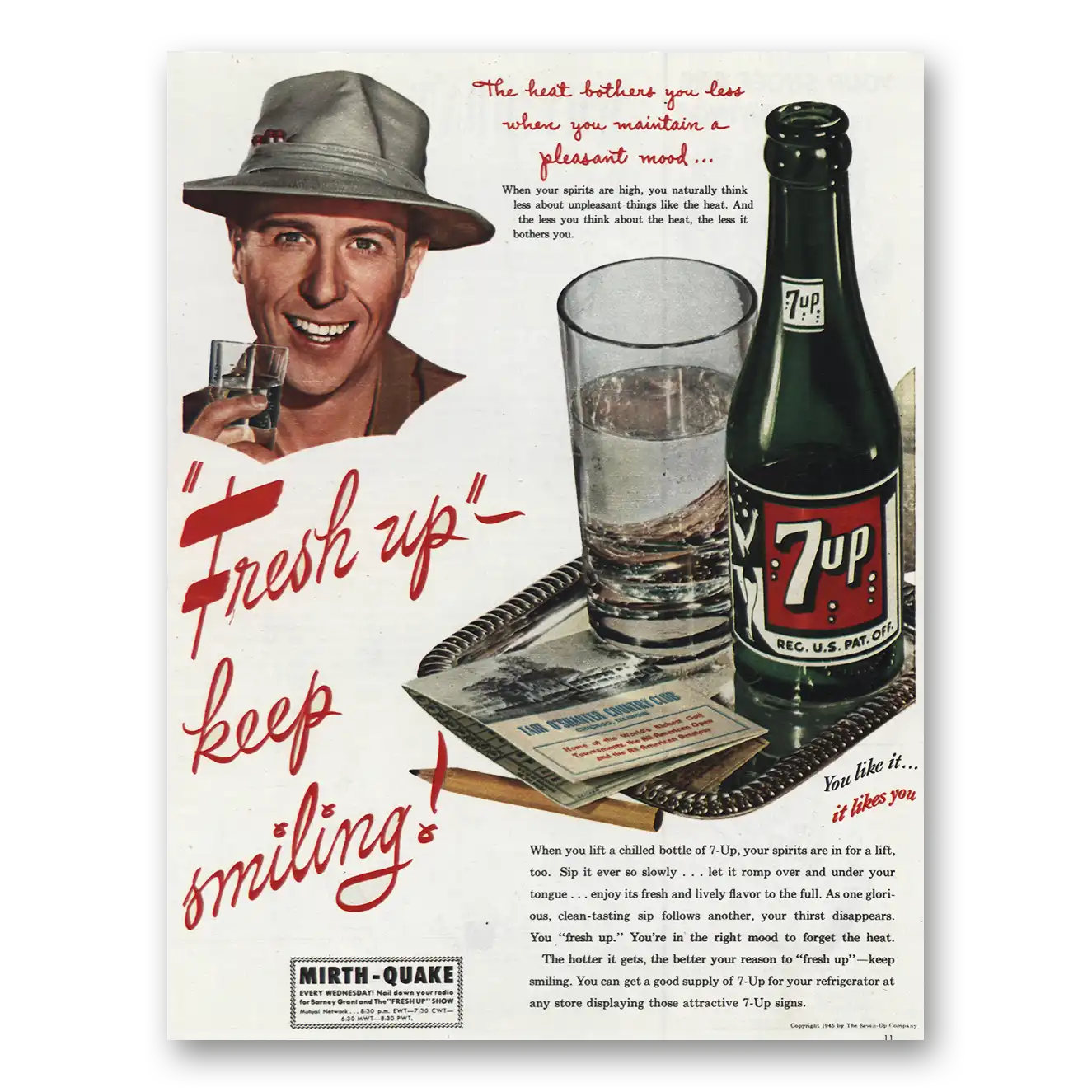 1945 7Up The Heat Bothers You Less Vintage Magazine Print Ad