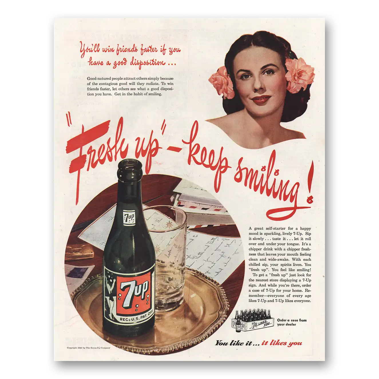 1945 7Up Fresh Up Keep Smiling Vintage Magazine Print Ad