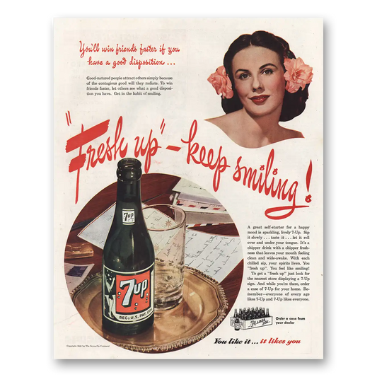 1945 7Up Fresh Up Keep Smiling Vintage Magazine Print Ad