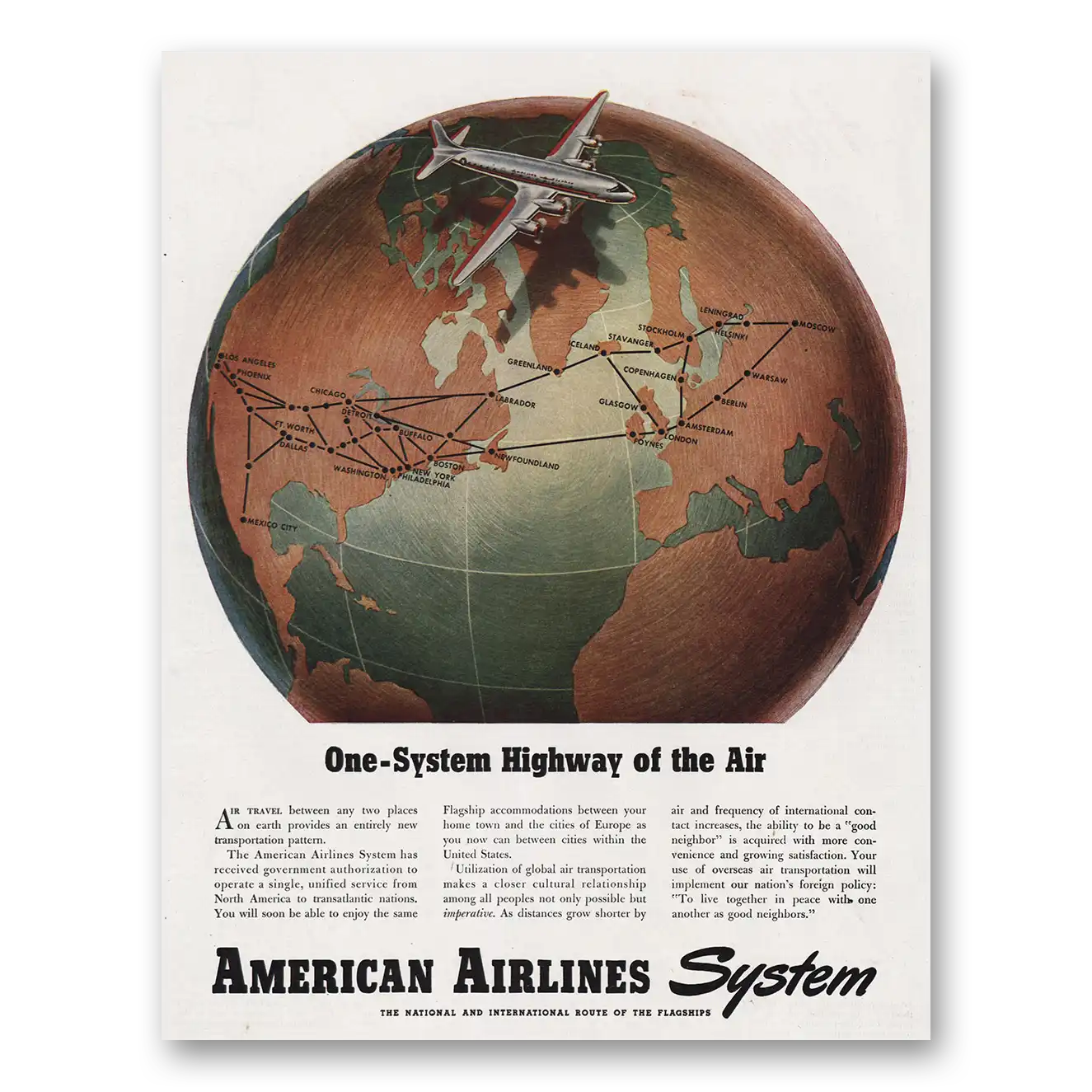 1945 American Airlines One System Highway of Air Vintage Magazine Print Ad