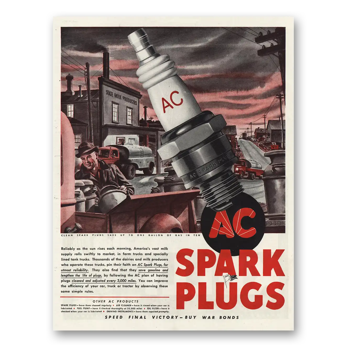 1945 AC Spark Plugs Reliably As Sun Rises Each Morning Vintage Magazine Print Ad