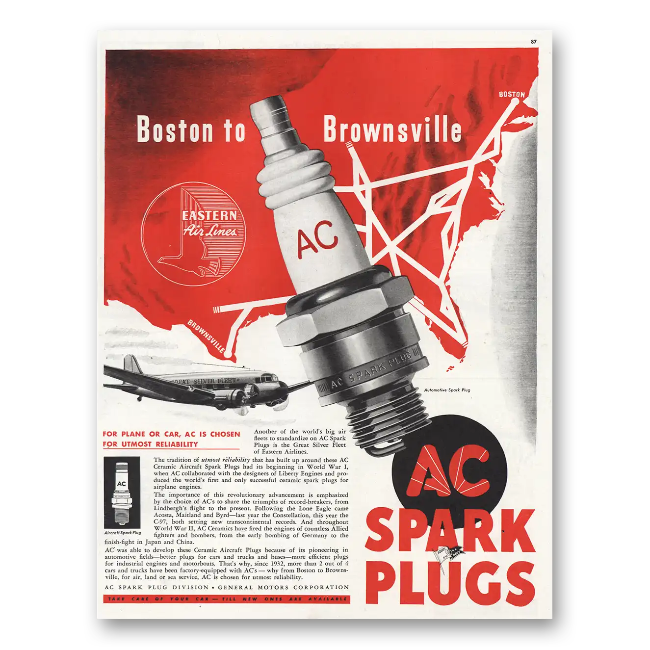 1945 AC Spark Plugs Boston to Brownsville Vintage Magazine Print Ad